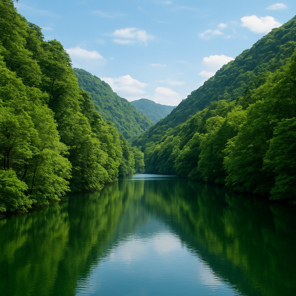 Bosque verde y lago entre montañas, representando la sostenibilidad ambiental